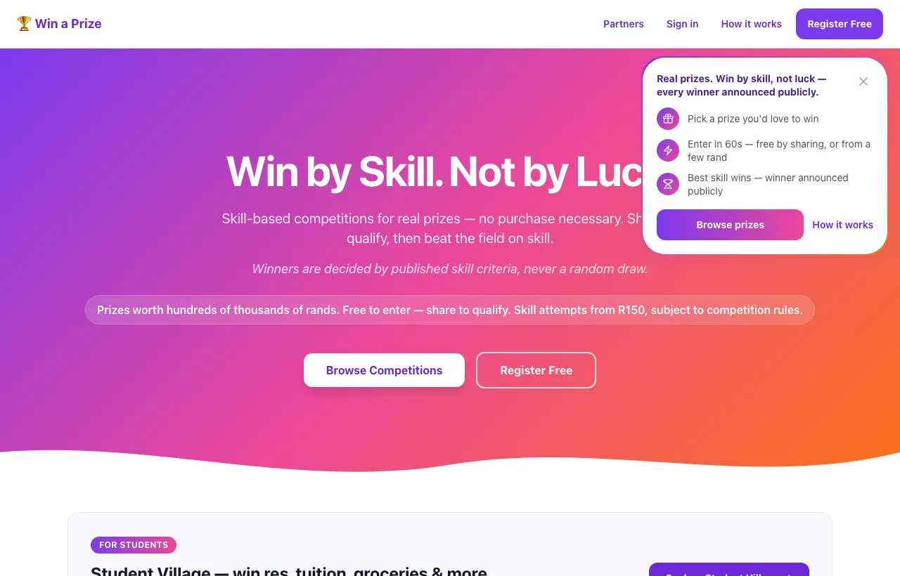 Prizes skill-based competitions platform preview